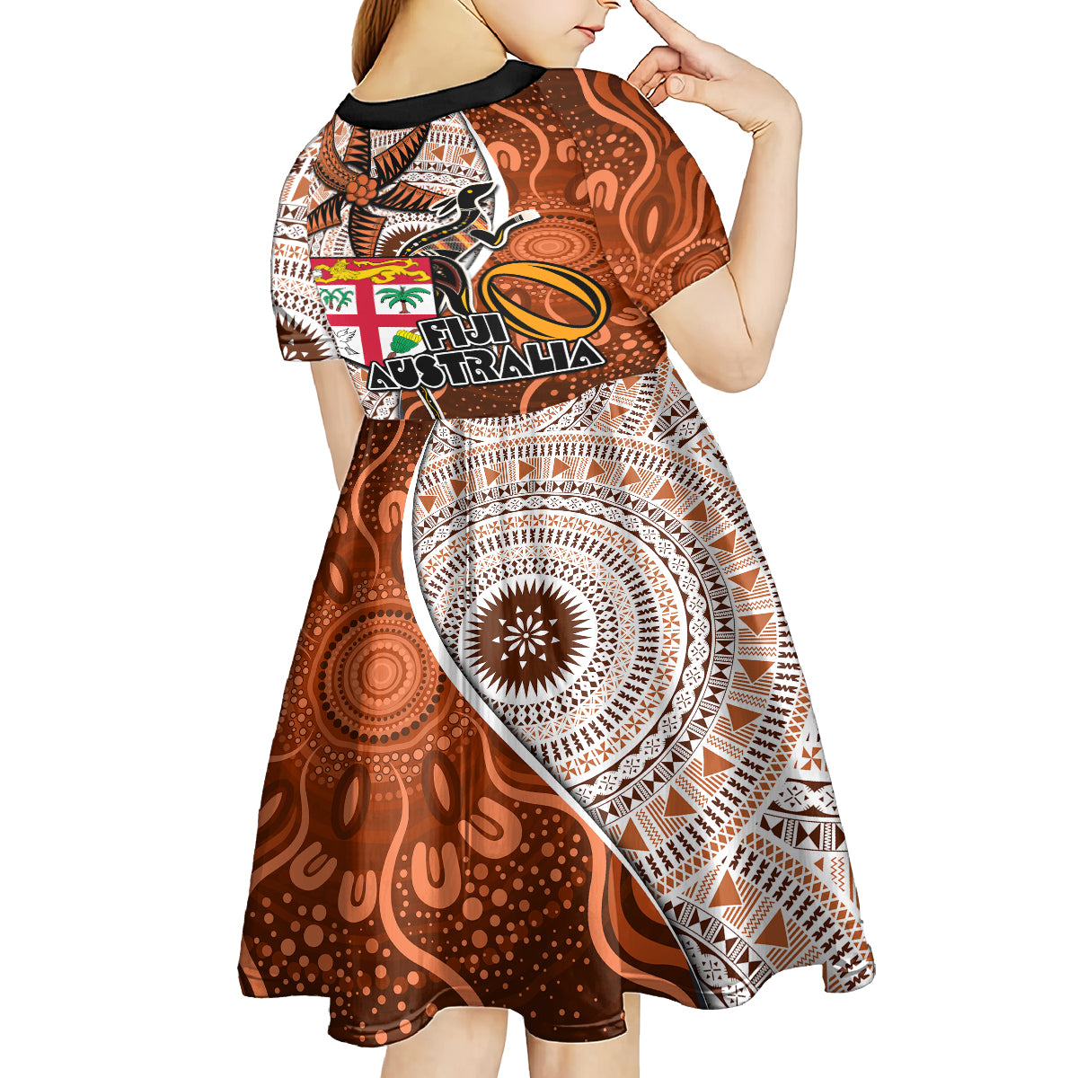 fiji-australia-rugby-kid-short-sleeve-dress-kangaroo-and-palm-tree-orange-tapa-pattern-mix-aboriginal