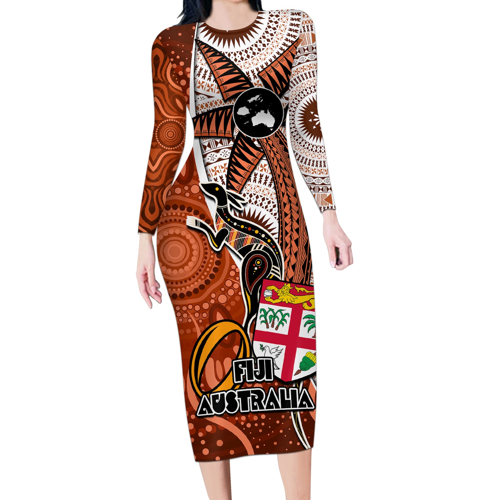 Fiji Australia Rugby Long Sleeve Bodycon Dress Kangaroo and Palm Tree Orange Tapa Pattern Mix Aboriginal LT03 Long Dress Orange - Polynesian Pride