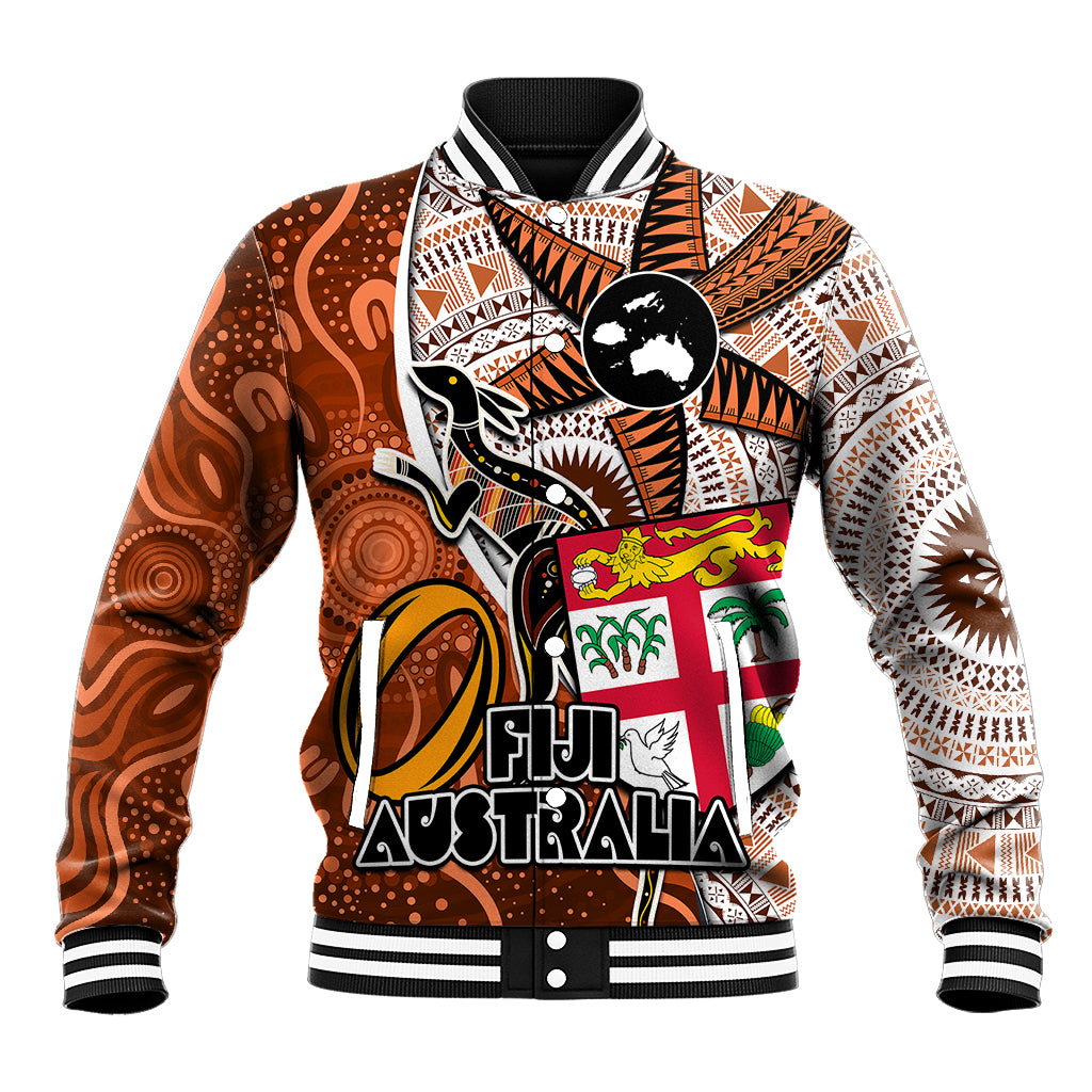 Personalised Fiji Australia Rugby Baseball Jacket Kangaroo and Palm Tree Orange Tapa Pattern Mix Aboriginal LT03 Unisex Orange - Polynesian Pride