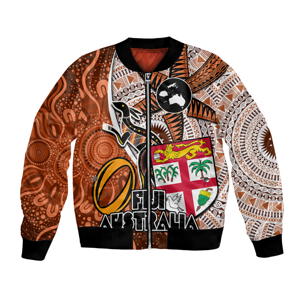 Personalised Fiji Australia Rugby Bomber Jacket Kangaroo and Palm Tree Orange Tapa Pattern Mix Aboriginal LT03 Unisex Orange - Polynesian Pride