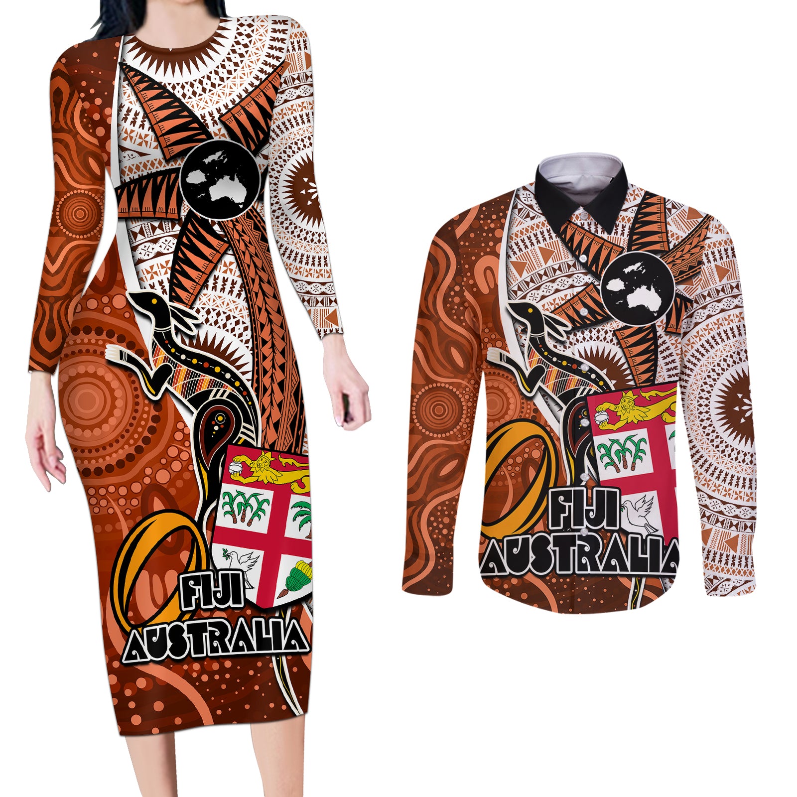 Personalised Fiji Australia Rugby Couples Matching Long Sleeve Bodycon Dress and Long Sleeve Button Shirts Kangaroo and Palm Tree Orange Tapa Pattern Mix Aboriginal LT03 Orange - Polynesian Pride