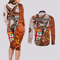 personalised-fiji-australia-rugby-couples-matching-long-sleeve-bodycon-dress-and-long-sleeve-button-shirts-kangaroo-and-palm-tree-orange-tapa-pattern-mix-aboriginal