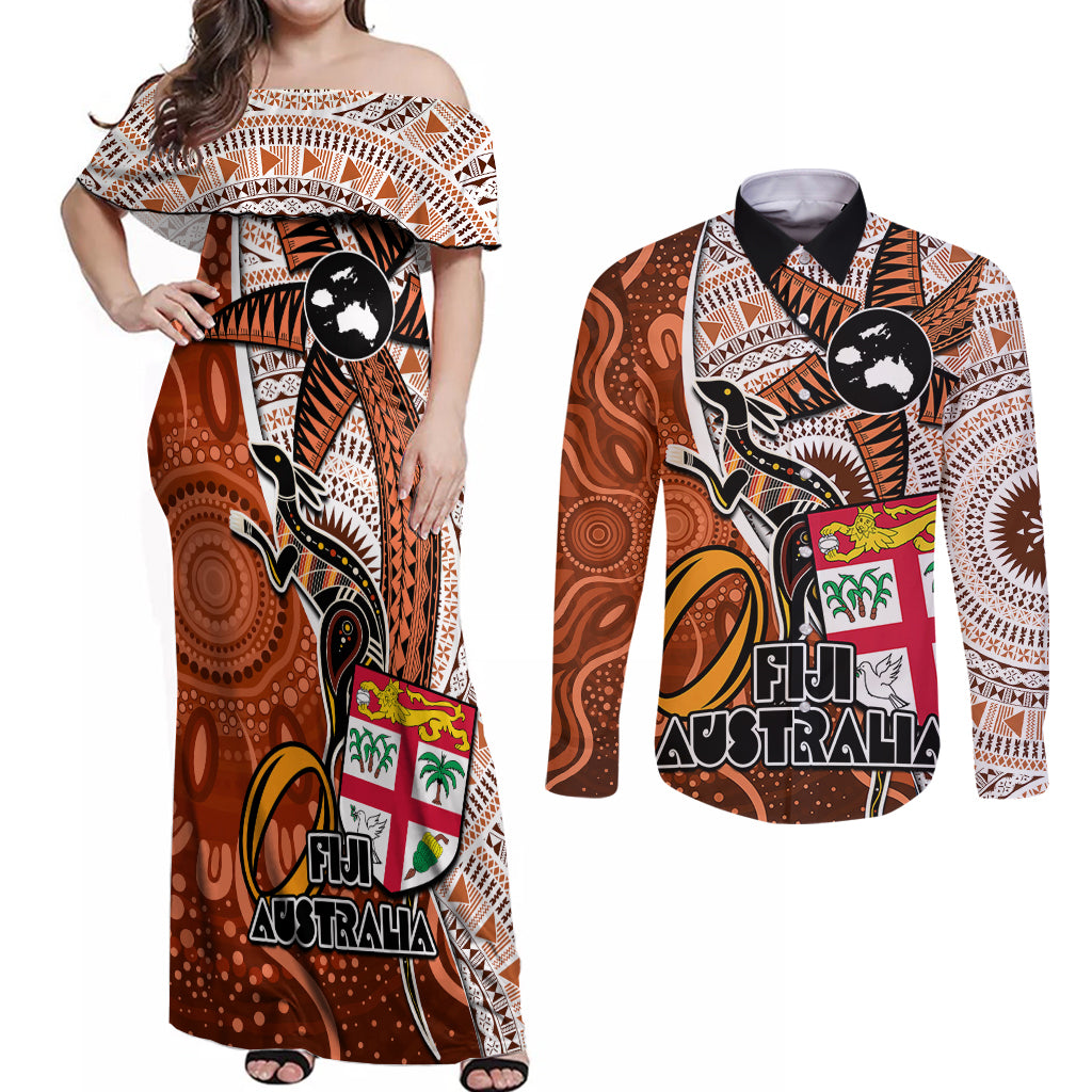 Personalised Fiji Australia Rugby Couples Matching Off Shoulder Maxi Dress and Long Sleeve Button Shirts Kangaroo and Palm Tree Orange Tapa Pattern Mix Aboriginal LT03 Orange - Polynesian Pride