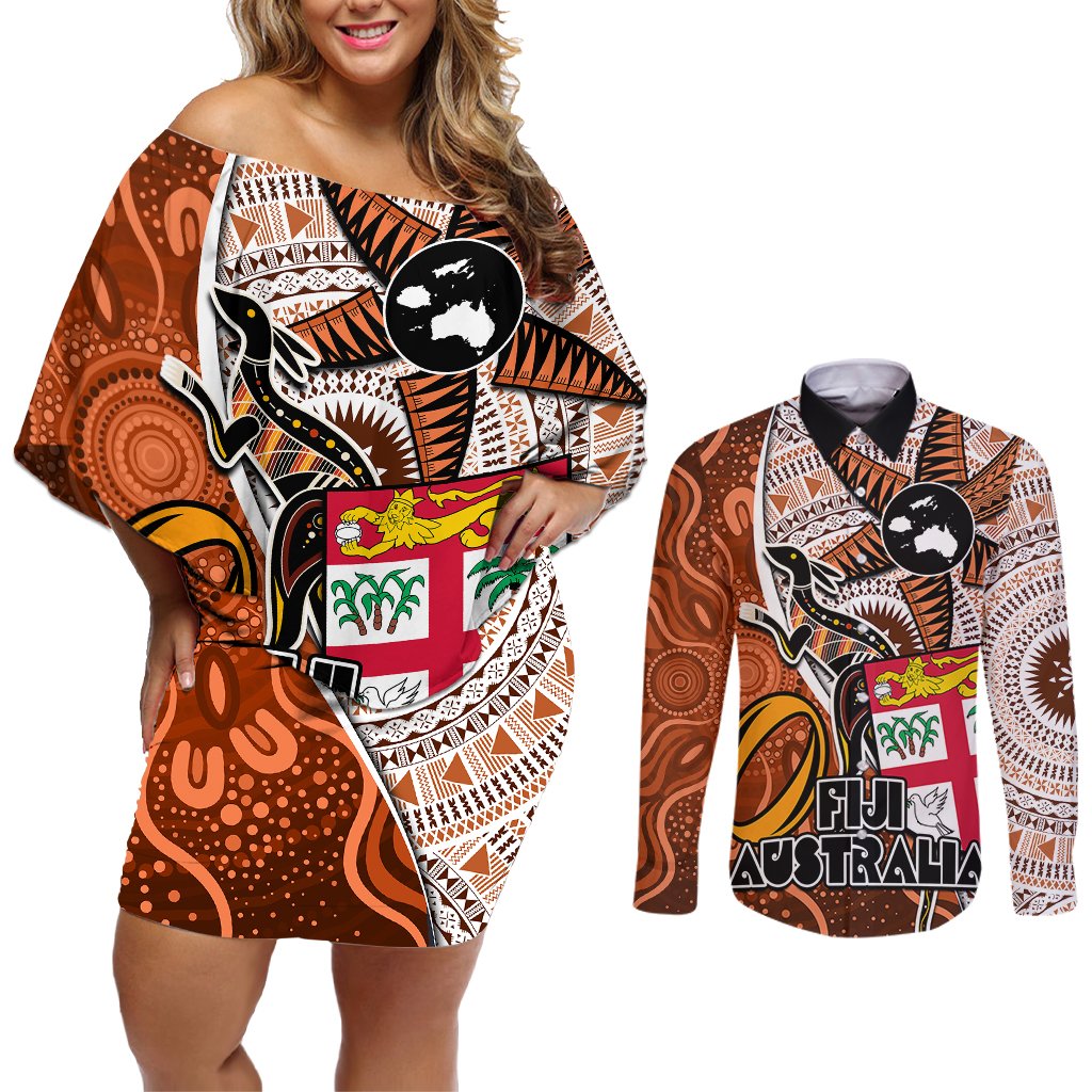 Personalised Fiji Australia Rugby Couples Matching Off Shoulder Short Dress and Long Sleeve Button Shirts Kangaroo and Palm Tree Orange Tapa Pattern Mix Aboriginal LT03 Orange - Polynesian Pride