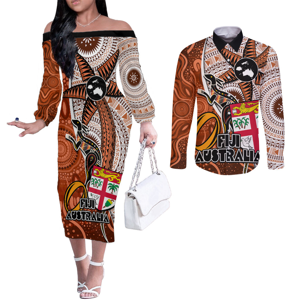 Personalised Fiji Australia Rugby Couples Matching Off The Shoulder Long Sleeve Dress and Long Sleeve Button Shirts Kangaroo and Palm Tree Orange Tapa Pattern Mix Aboriginal LT03 Orange - Polynesian Pride