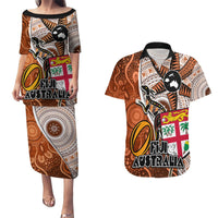 personalised-fiji-australia-rugby-couples-matching-puletasi-dress-and-hawaiian-shirt-kangaroo-and-palm-tree-orange-tapa-pattern-mix-aboriginal