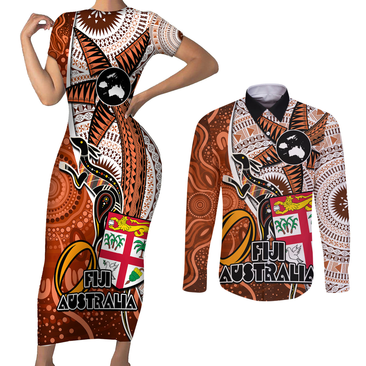 personalised-fiji-australia-rugby-couples-matching-short-sleeve-bodycon-dress-and-long-sleeve-button-shirts-kangaroo-and-palm-tree-orange-tapa-pattern-mix-aboriginal