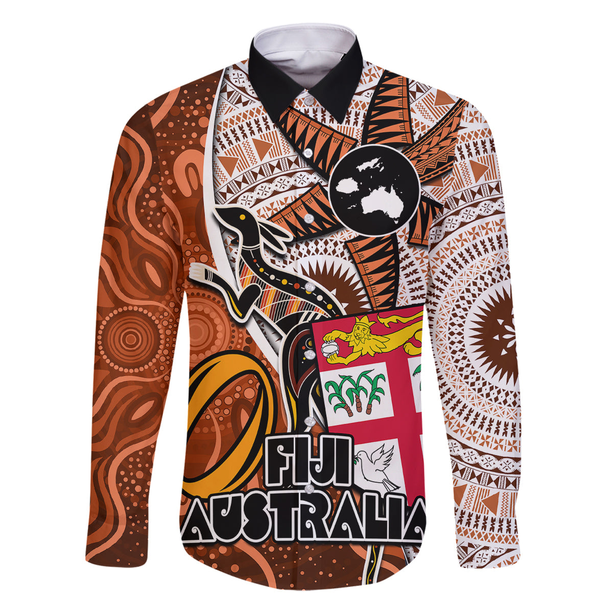 personalised-fiji-australia-rugby-family-matching-off-shoulder-maxi-dress-and-hawaiian-shirt-kangaroo-and-palm-tree-orange-tapa-pattern-mix-aboriginal