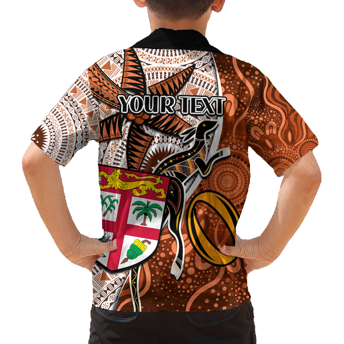 personalised-fiji-australia-rugby-family-matching-off-shoulder-short-dress-and-hawaiian-shirt-kangaroo-and-palm-tree-orange-tapa-pattern-mix-aboriginal