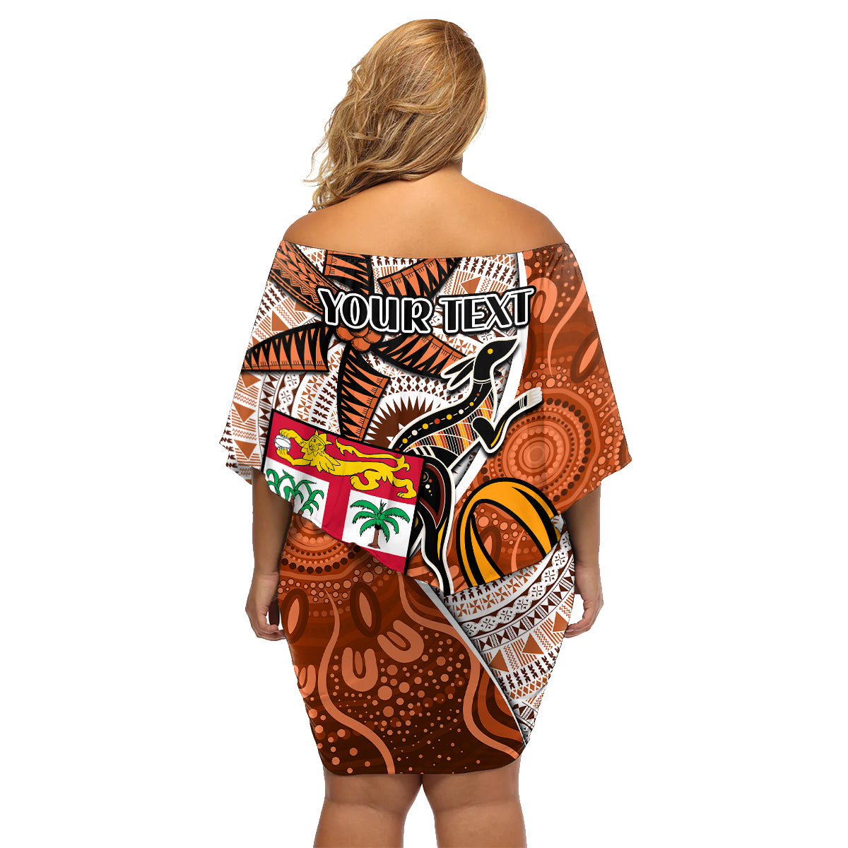 personalised-fiji-australia-rugby-family-matching-off-shoulder-short-dress-and-hawaiian-shirt-kangaroo-and-palm-tree-orange-tapa-pattern-mix-aboriginal