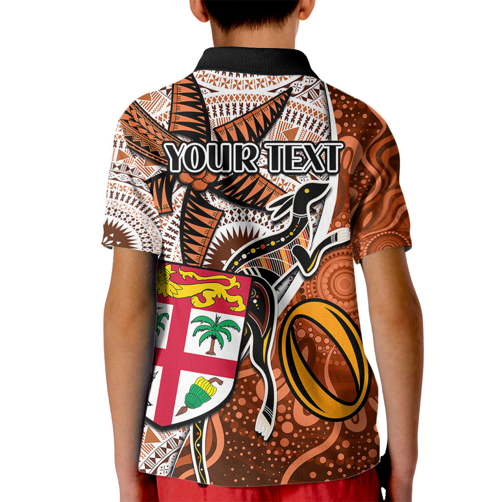 Personalised Fiji Australia Rugby Kid Polo Shirt Kangaroo and Palm Tree Orange Tapa Pattern Mix Aboriginal LT03 - Polynesian Pride