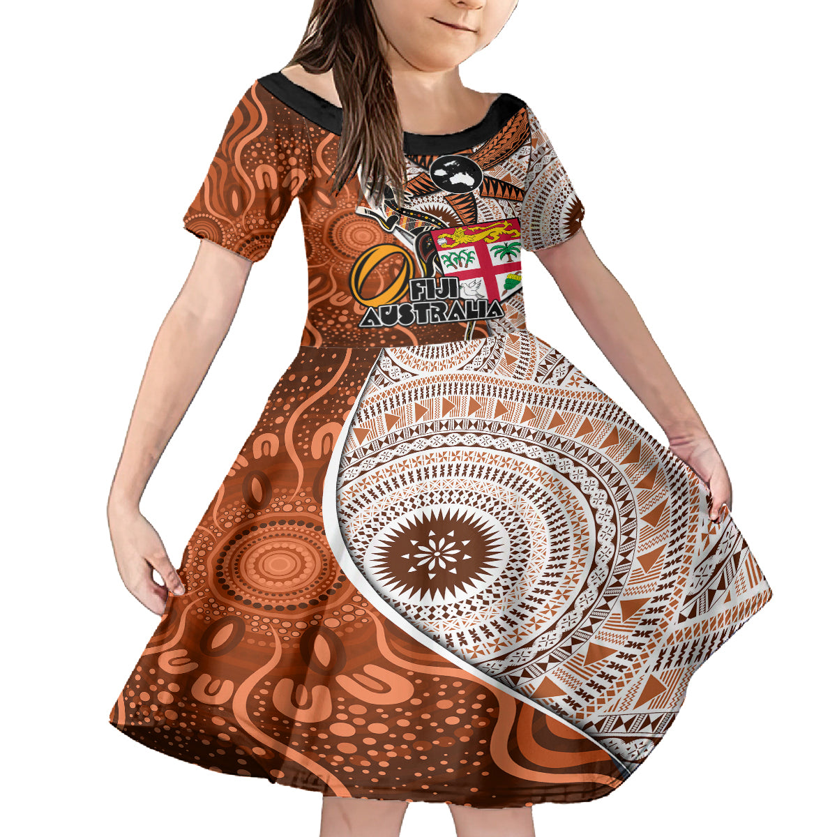 personalised-fiji-australia-rugby-kid-short-sleeve-dress-kangaroo-and-palm-tree-orange-tapa-pattern-mix-aboriginal
