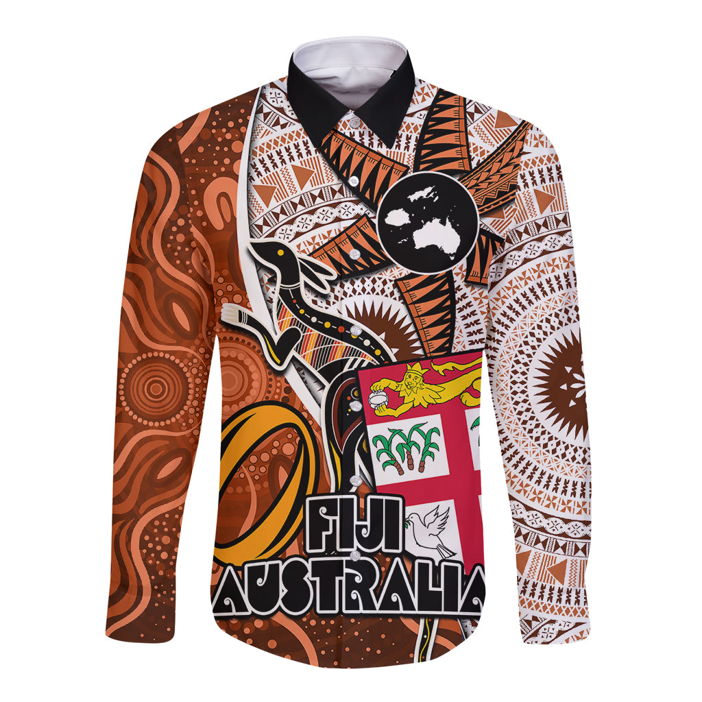 Personalised Fiji Australia Rugby Long Sleeve Button Shirt Kangaroo and Palm Tree Orange Tapa Pattern Mix Aboriginal LT03 Unisex Orange - Polynesian Pride