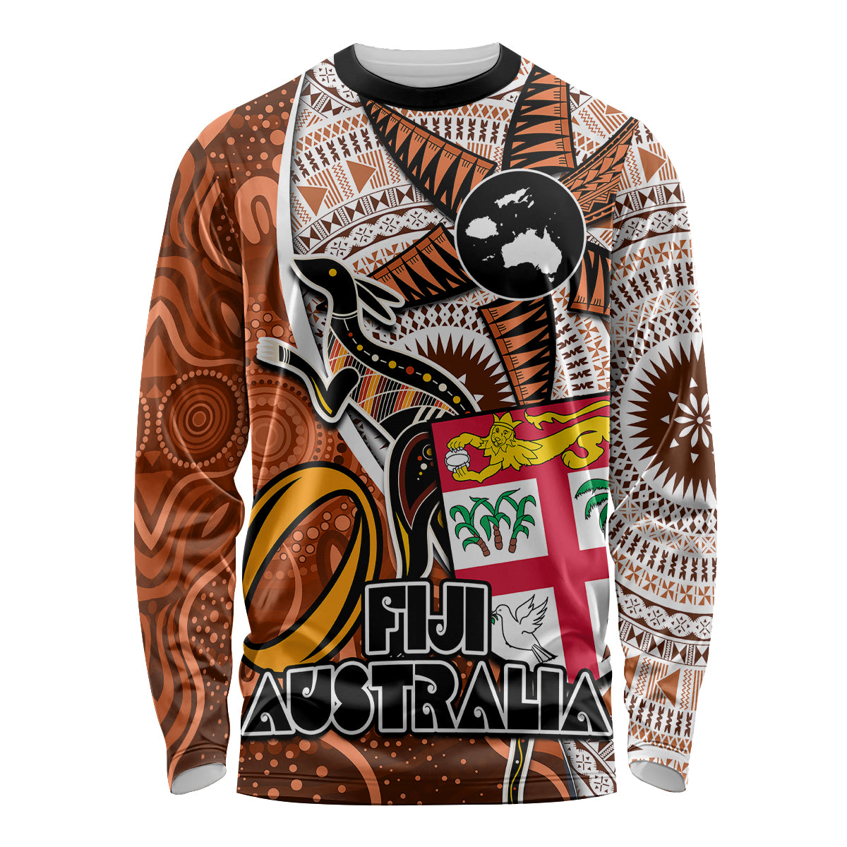 Personalised Fiji Australia Rugby Long Sleeve Shirt Kangaroo and Palm Tree Orange Tapa Pattern Mix Aboriginal LT03 Unisex Orange - Polynesian Pride