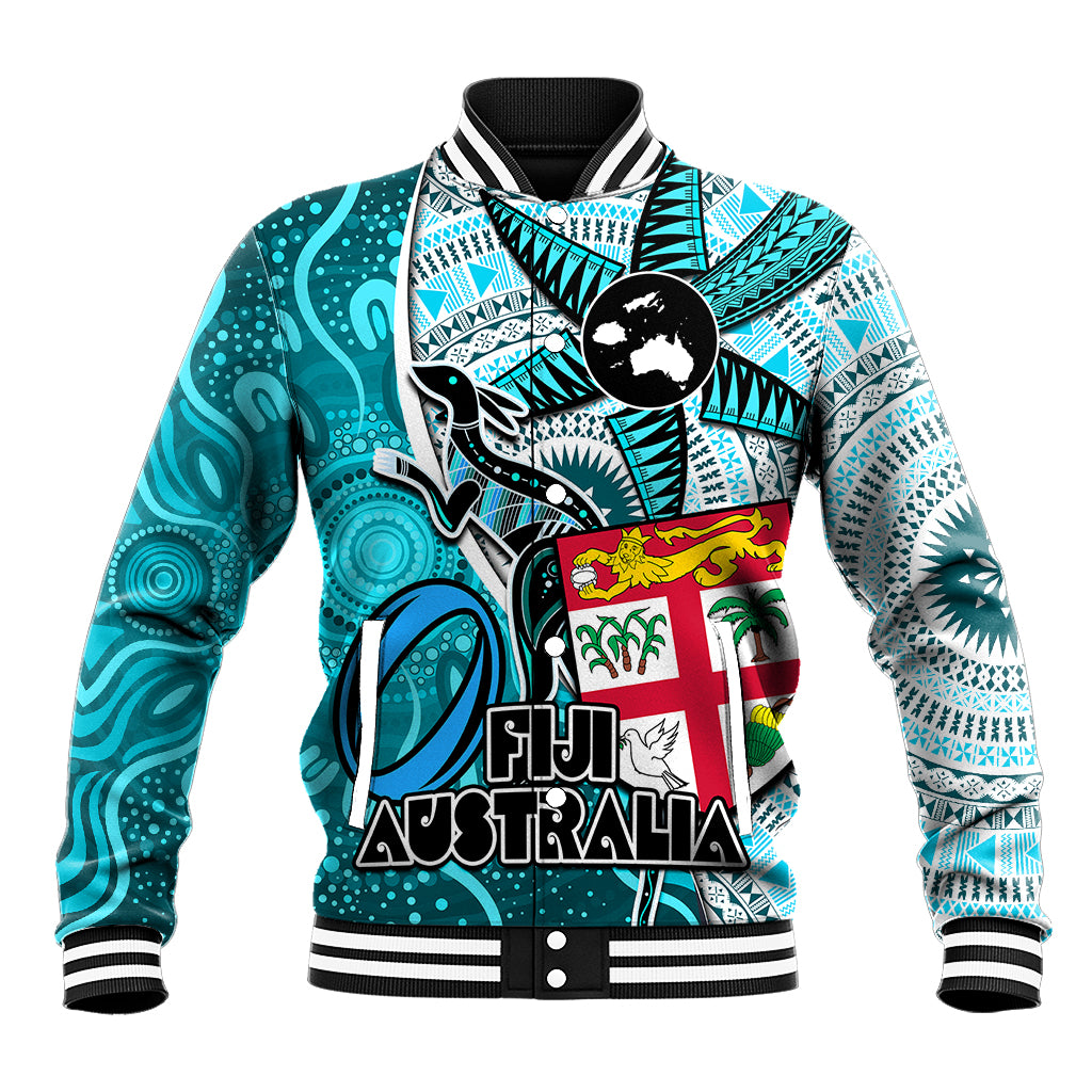 Fiji Australia Rugby Baseball Jacket Kangaroo and Palm Tree Blue Tapa Pattern Mix Aboriginal LT03 Unisex Blue - Polynesian Pride