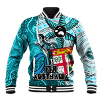 Fiji Australia Rugby Baseball Jacket Kangaroo and Palm Tree Blue Tapa Pattern Mix Aboriginal LT03 Unisex Blue - Polynesian Pride