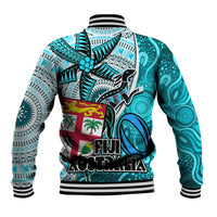 Fiji Australia Rugby Baseball Jacket Kangaroo and Palm Tree Blue Tapa Pattern Mix Aboriginal LT03 - Polynesian Pride