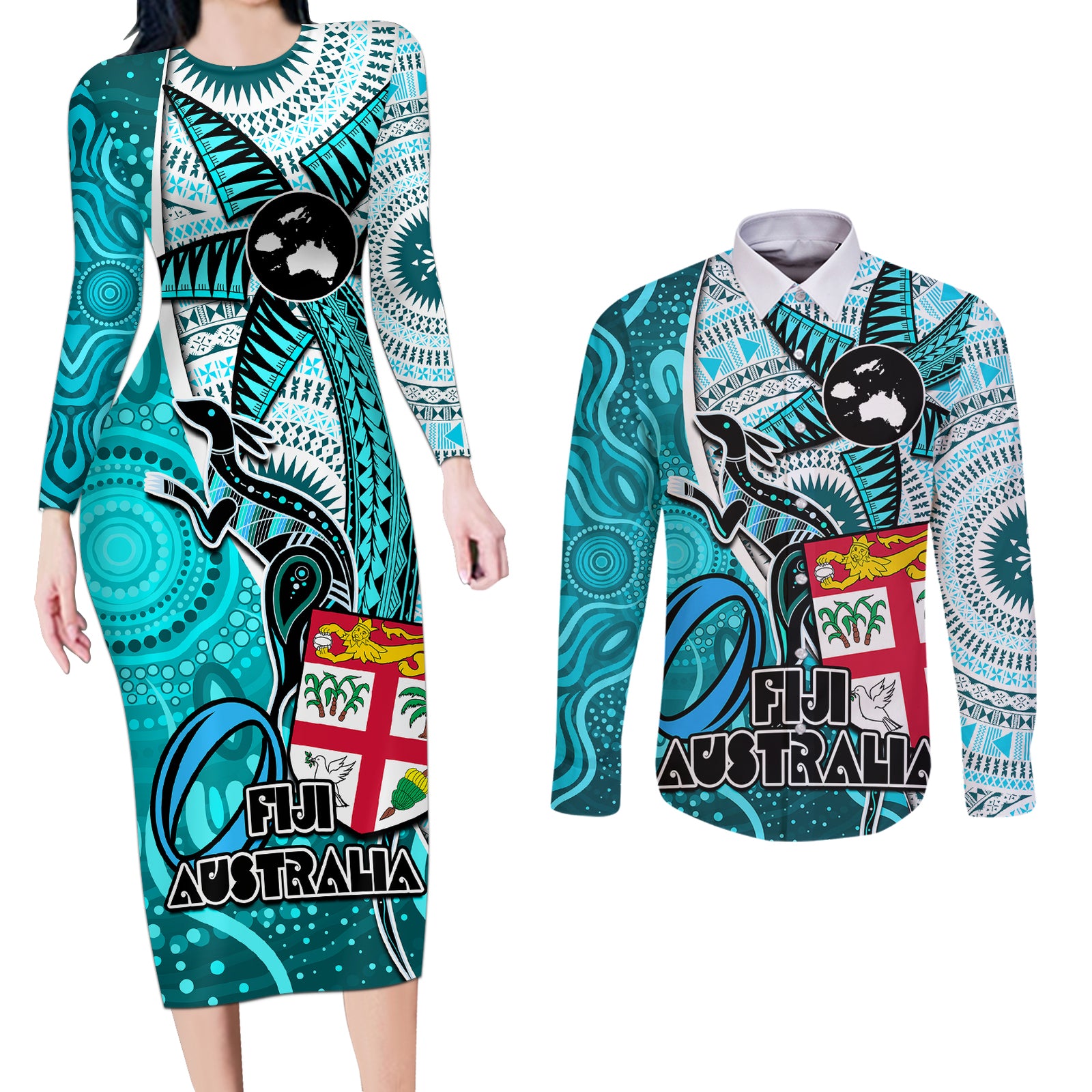 Fiji Australia Rugby Couples Matching Long Sleeve Bodycon Dress and Long Sleeve Button Shirts Kangaroo and Palm Tree Blue Tapa Pattern Mix Aboriginal LT03 Blue - Polynesian Pride