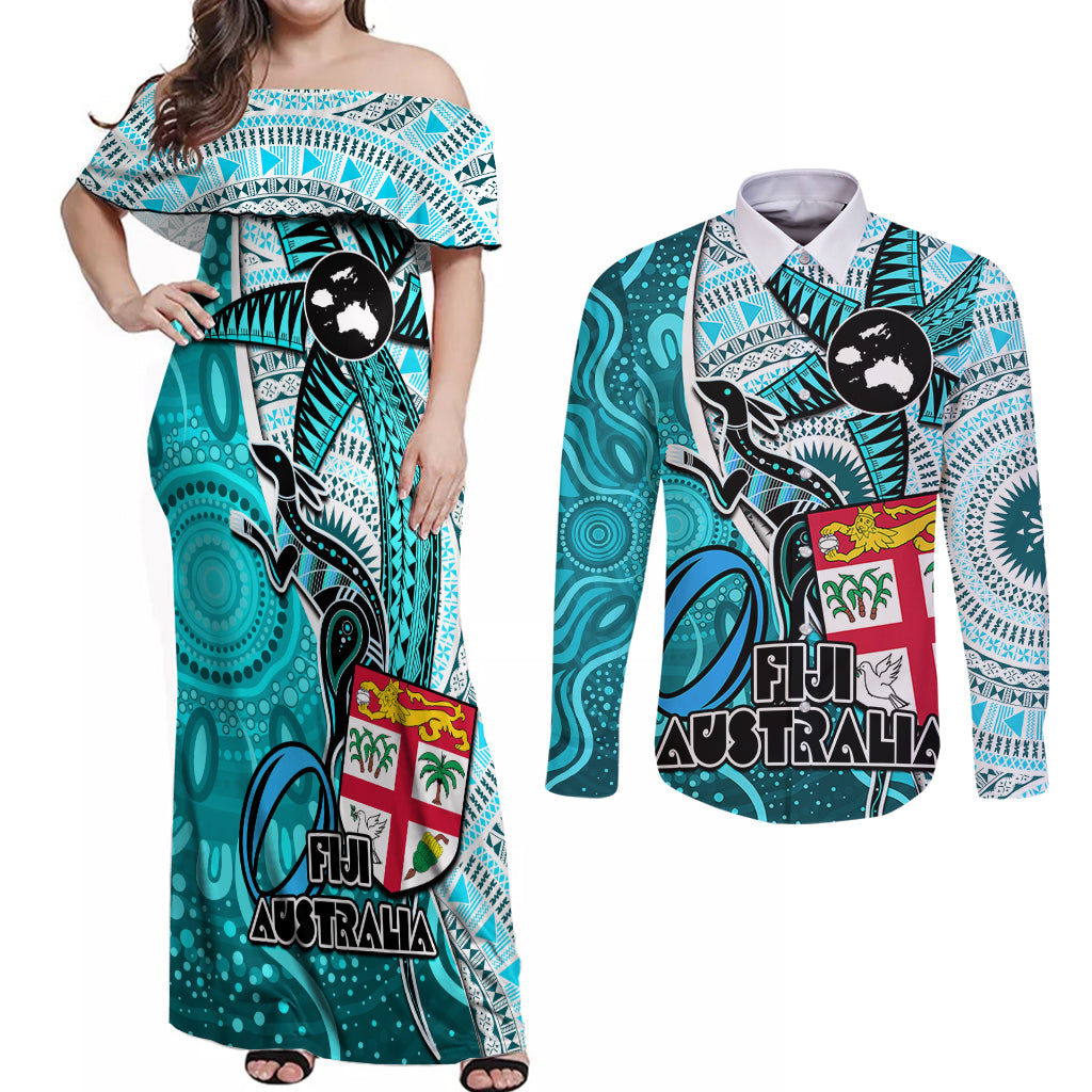 Fiji Australia Rugby Couples Matching Off Shoulder Maxi Dress and Long Sleeve Button Shirts Kangaroo and Palm Tree Blue Tapa Pattern Mix Aboriginal LT03 Blue - Polynesian Pride