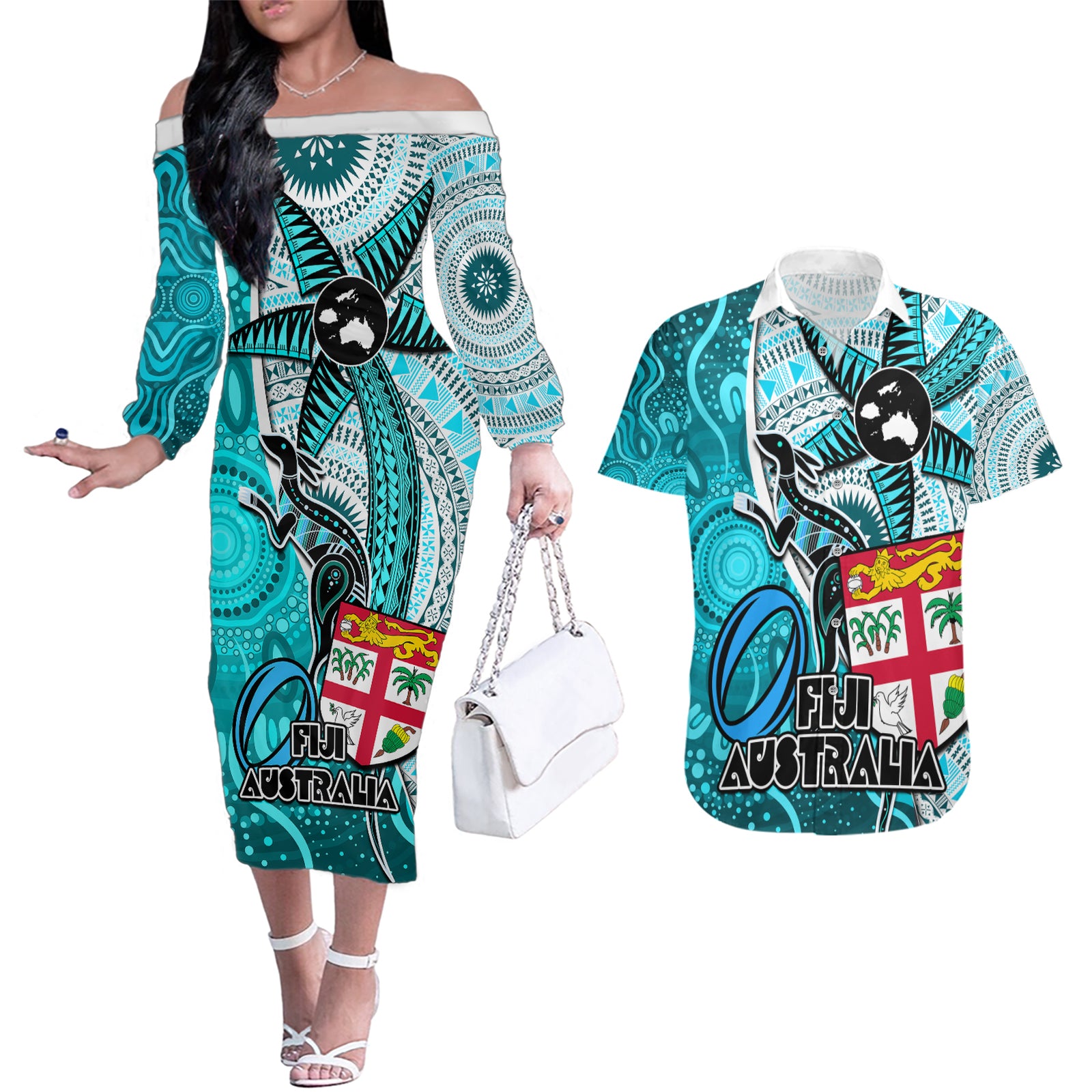 fiji-australia-rugby-couples-matching-off-the-shoulder-long-sleeve-dress-and-hawaiian-shirt-kangaroo-and-palm-tree-blue-tapa-pattern-mix-aboriginal