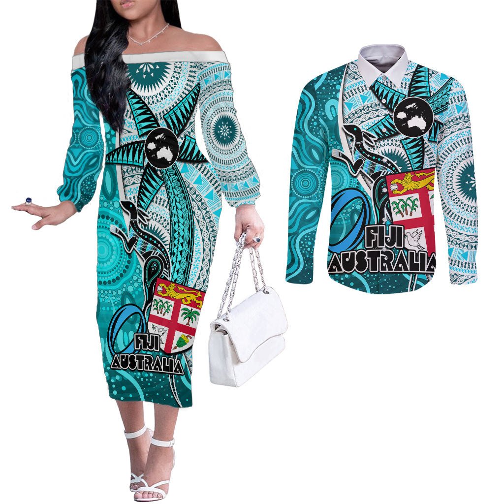 Fiji Australia Rugby Couples Matching Off The Shoulder Long Sleeve Dress and Long Sleeve Button Shirts Kangaroo and Palm Tree Blue Tapa Pattern Mix Aboriginal LT03 Blue - Polynesian Pride
