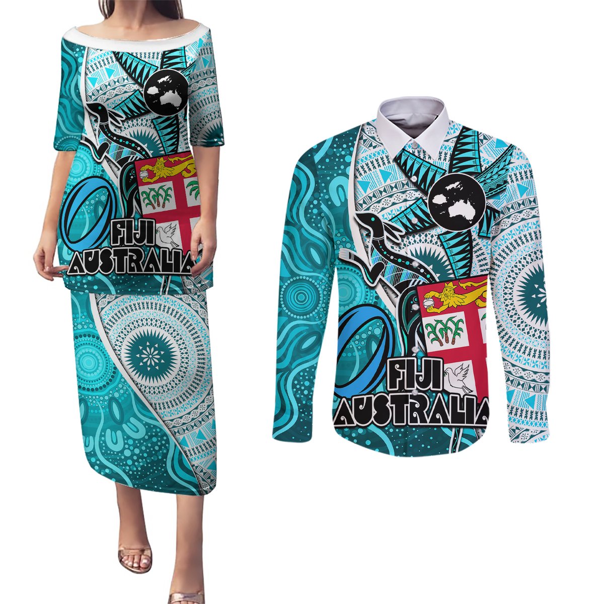 Fiji Australia Rugby Couples Matching Puletasi Dress and Long Sleeve Button Shirts Kangaroo and Palm Tree Blue Tapa Pattern Mix Aboriginal LT03 Blue - Polynesian Pride