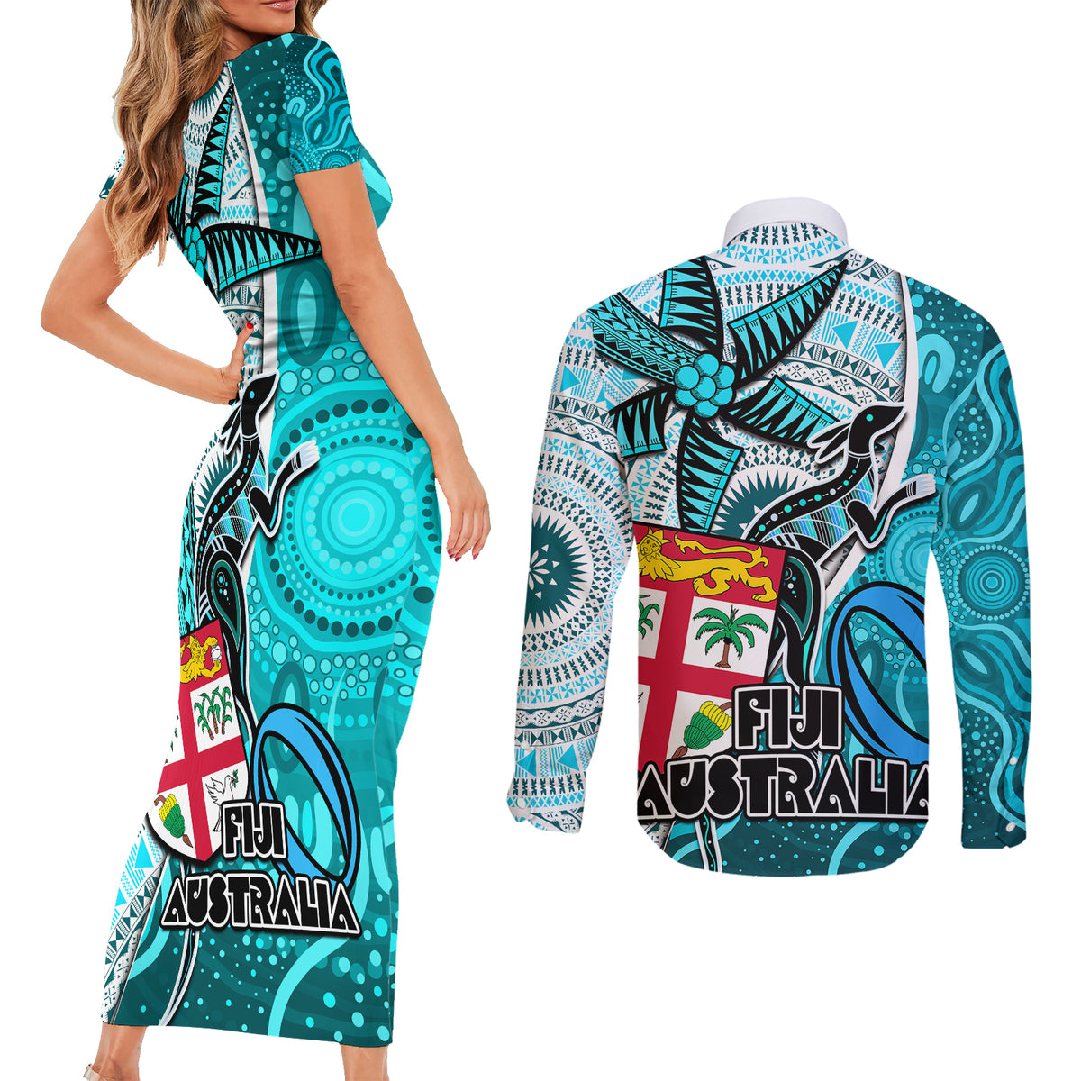 fiji-australia-rugby-couples-matching-short-sleeve-bodycon-dress-and-long-sleeve-button-shirts-kangaroo-and-palm-tree-blue-tapa-pattern-mix-aboriginal