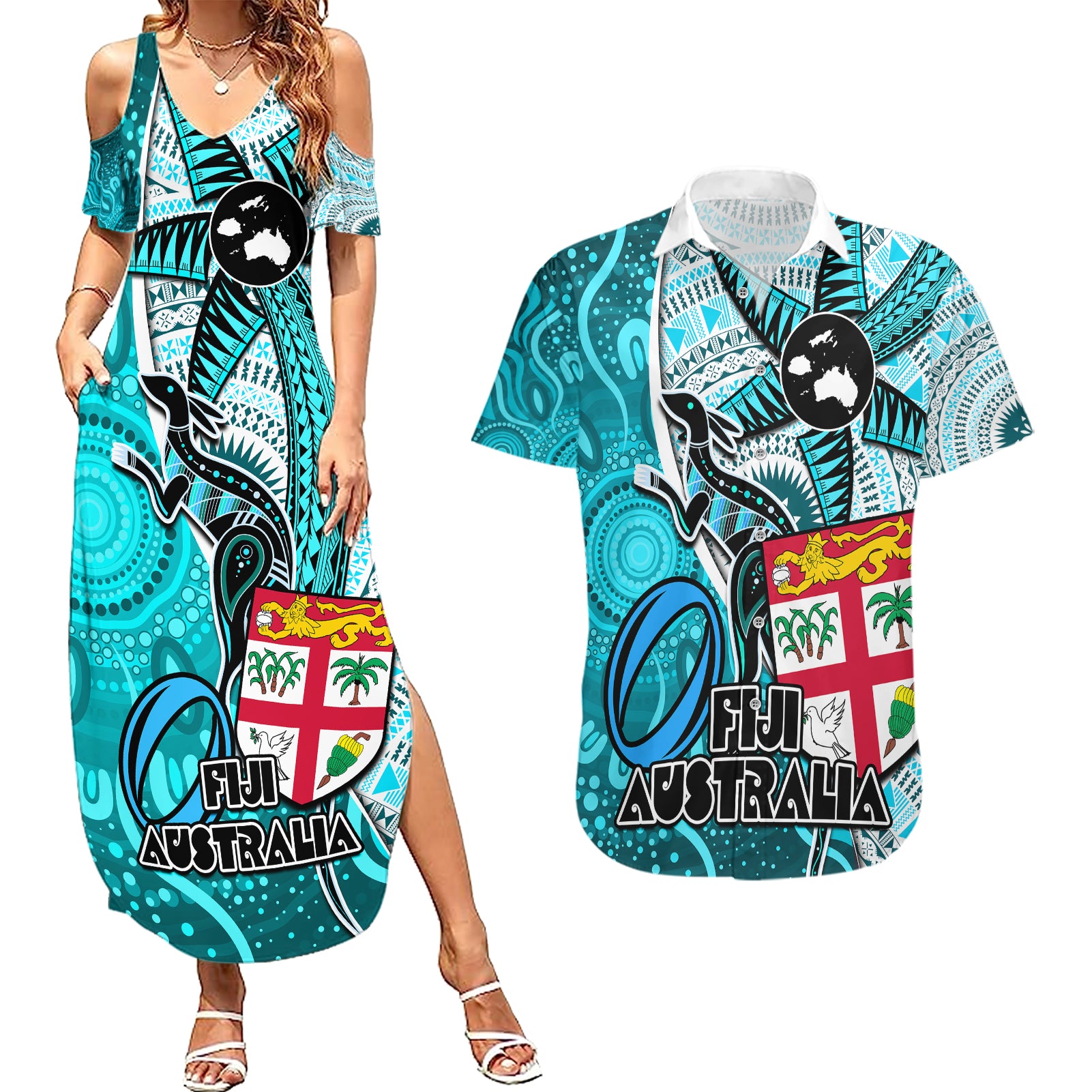 fiji-australia-rugby-couples-matching-summer-maxi-dress-and-hawaiian-shirt-kangaroo-and-palm-tree-blue-tapa-pattern-mix-aboriginal