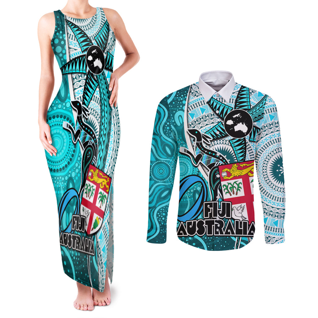 Fiji Australia Rugby Couples Matching Tank Maxi Dress and Long Sleeve Button Shirts Kangaroo and Palm Tree Blue Tapa Pattern Mix Aboriginal LT03 Blue - Polynesian Pride
