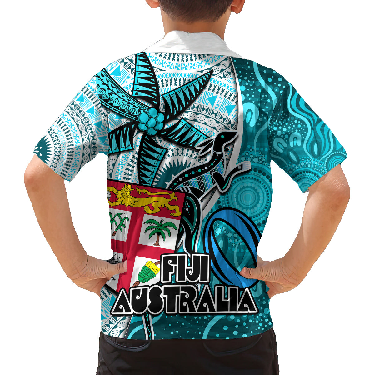 fiji-australia-rugby-family-matching-off-shoulder-long-sleeve-dress-and-hawaiian-shirt-kangaroo-and-palm-tree-blue-tapa-pattern-mix-aboriginal