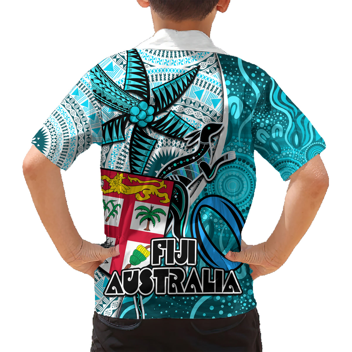fiji-australia-rugby-family-matching-short-sleeve-bodycon-dress-and-hawaiian-shirt-kangaroo-and-palm-tree-blue-tapa-pattern-mix-aboriginal