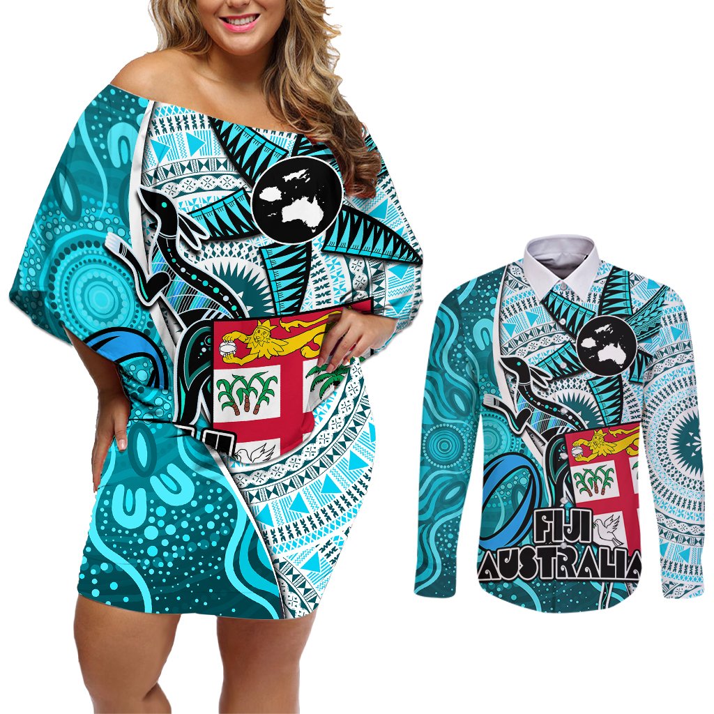 Personalised Fiji Australia Rugby Couples Matching Off Shoulder Short Dress and Long Sleeve Button Shirts Kangaroo and Palm Tree Blue Tapa Pattern Mix Aboriginal LT03 Blue - Polynesian Pride