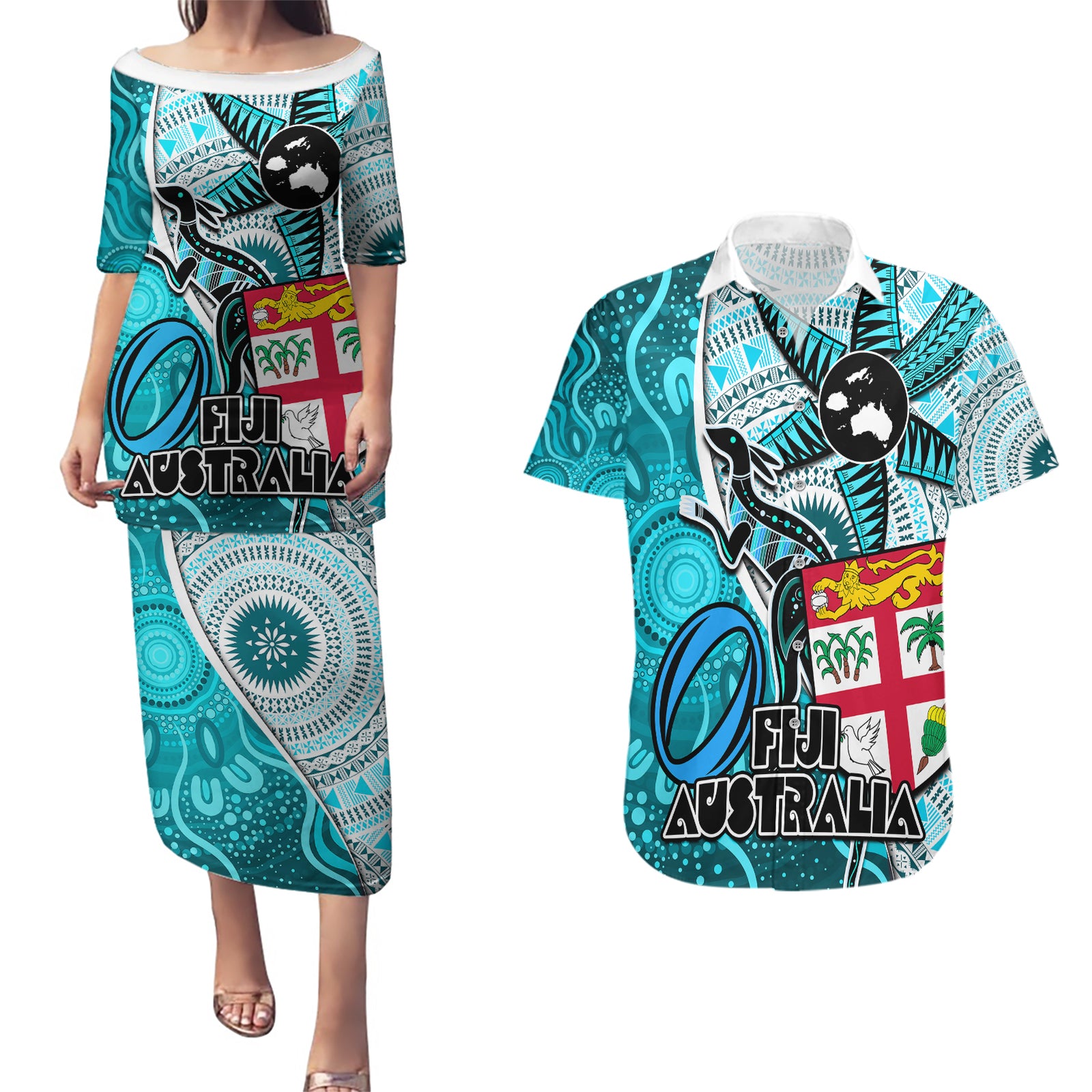 personalised-fiji-australia-rugby-couples-matching-puletasi-dress-and-hawaiian-shirt-kangaroo-and-palm-tree-blue-tapa-pattern-mix-aboriginal