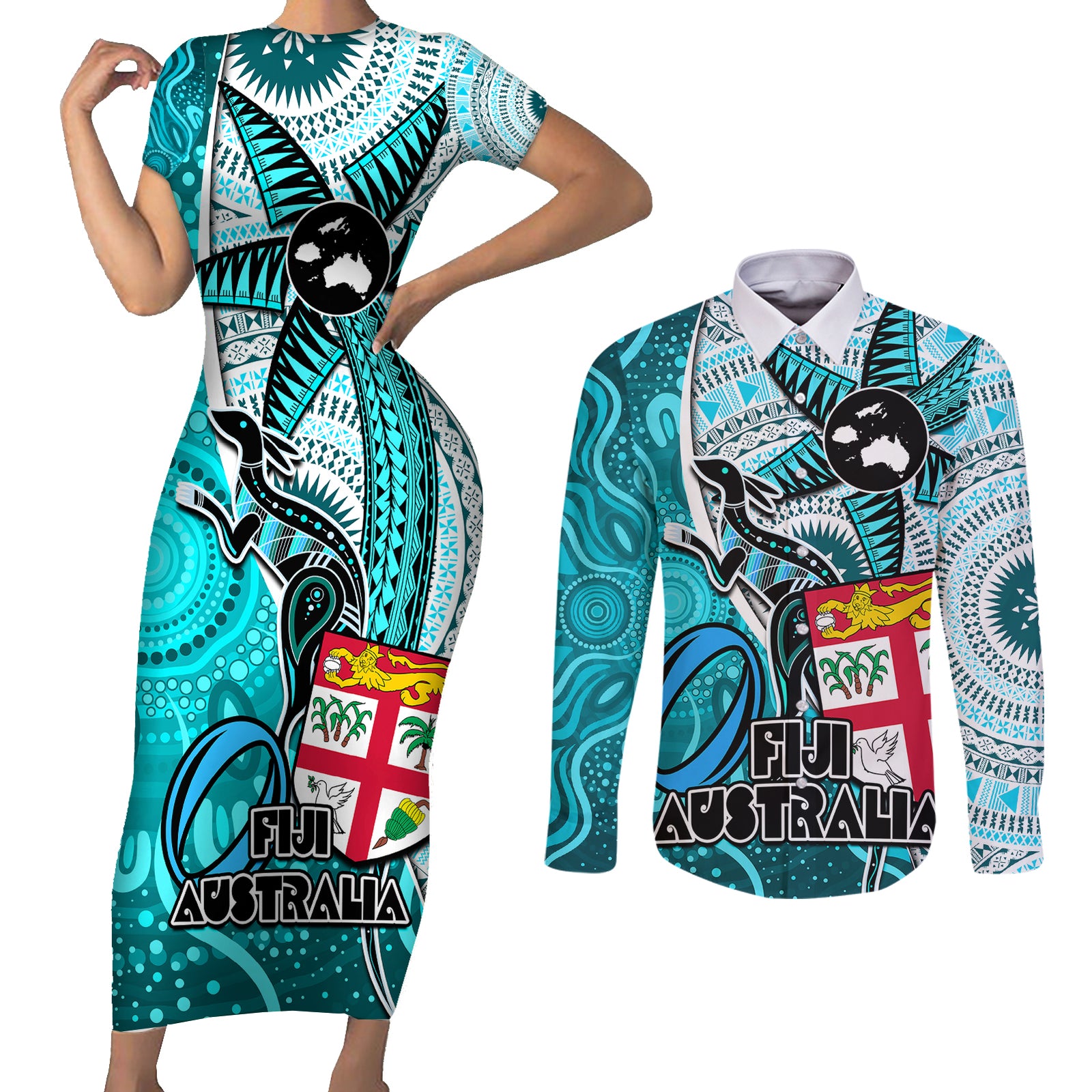 Personalised Fiji Australia Rugby Couples Matching Short Sleeve Bodycon Dress and Long Sleeve Button Shirts Kangaroo and Palm Tree Blue Tapa Pattern Mix Aboriginal LT03 Blue - Polynesian Pride