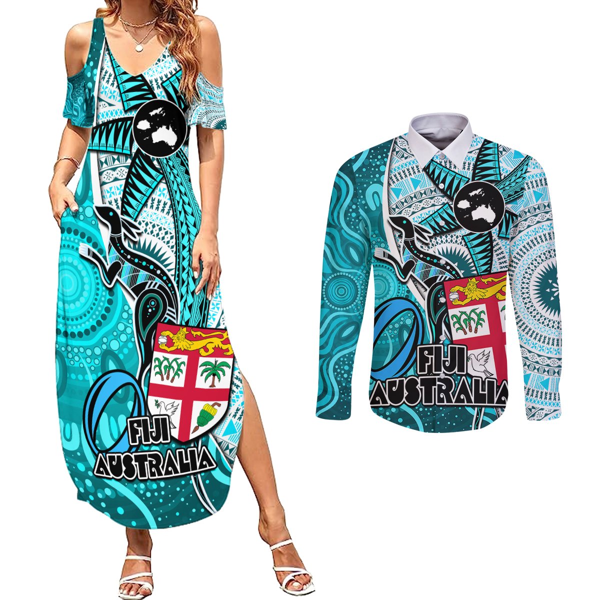 Personalised Fiji Australia Rugby Couples Matching Summer Maxi Dress and Long Sleeve Button Shirts Kangaroo and Palm Tree Blue Tapa Pattern Mix Aboriginal LT03 Blue - Polynesian Pride