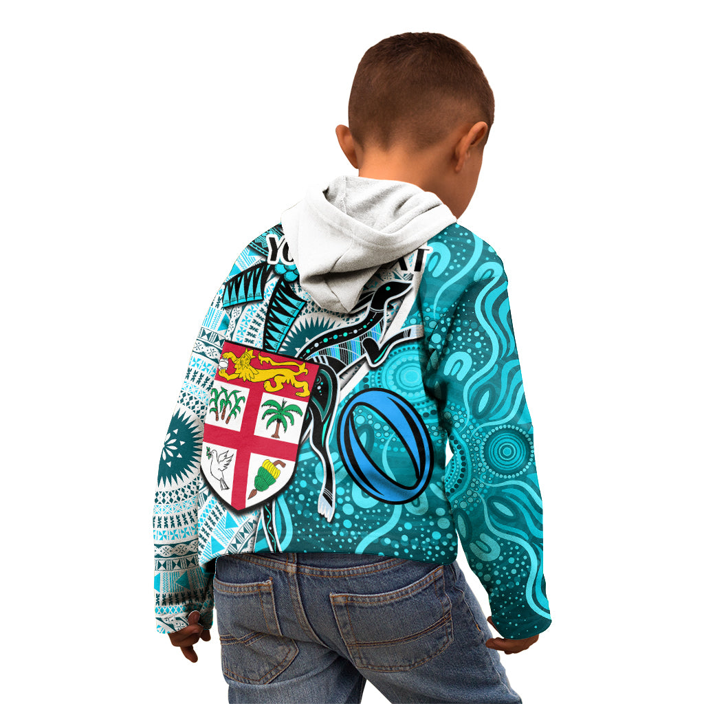 Personalised Fiji Australia Rugby Kid Hoodie Kangaroo and Palm Tree Blue Tapa Pattern Mix Aboriginal LT03 - Polynesian Pride