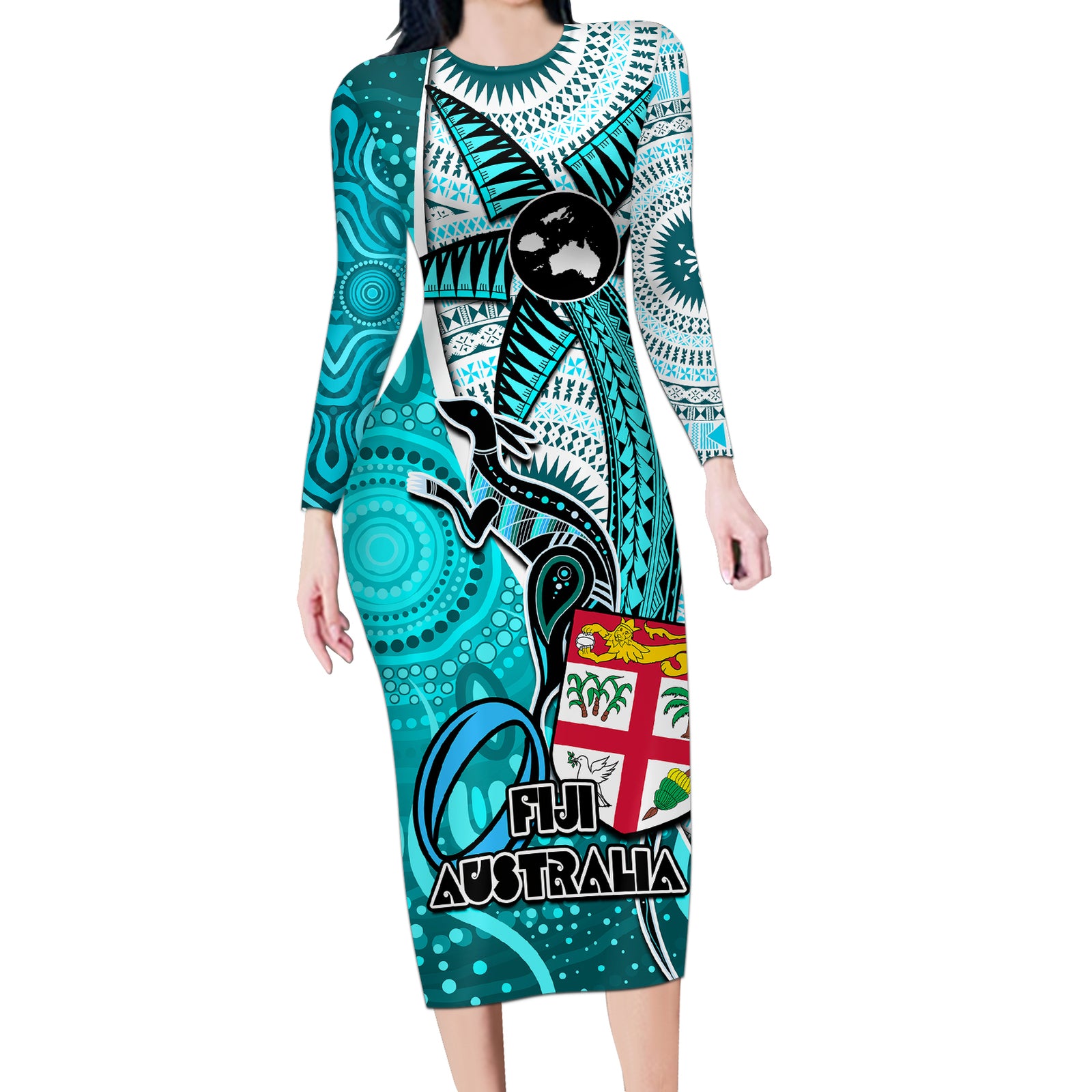 Personalised Fiji Australia Rugby Long Sleeve Bodycon Dress Kangaroo and Palm Tree Blue Tapa Pattern Mix Aboriginal LT03 Long Dress Blue - Polynesian Pride