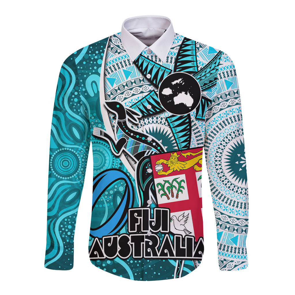Personalised Fiji Australia Rugby Long Sleeve Button Shirt Kangaroo and Palm Tree Blue Tapa Pattern Mix Aboriginal LT03 Unisex Blue - Polynesian Pride