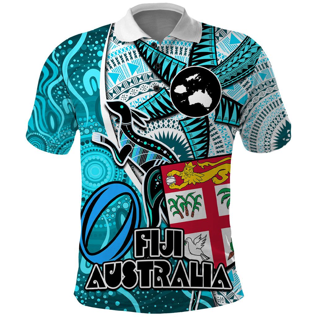 Personalised Fiji Australia Rugby Polo Shirt Kangaroo and Palm Tree Blue Tapa Pattern Mix Aboriginal LT03 Blue - Polynesian Pride