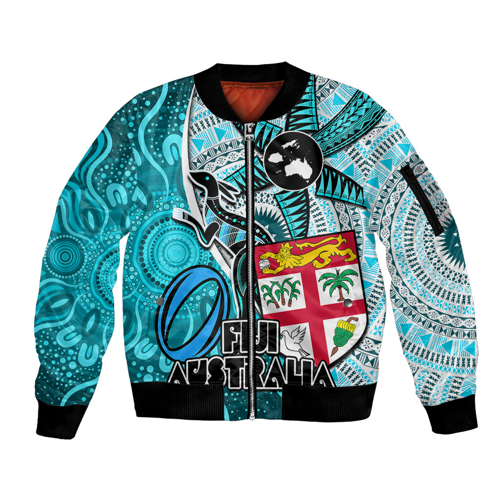Personalised Fiji Australia Rugby Sleeve Zip Bomber Jacket Kangaroo and Palm Tree Blue Tapa Pattern Mix Aboriginal LT03 Unisex Blue - Polynesian Pride