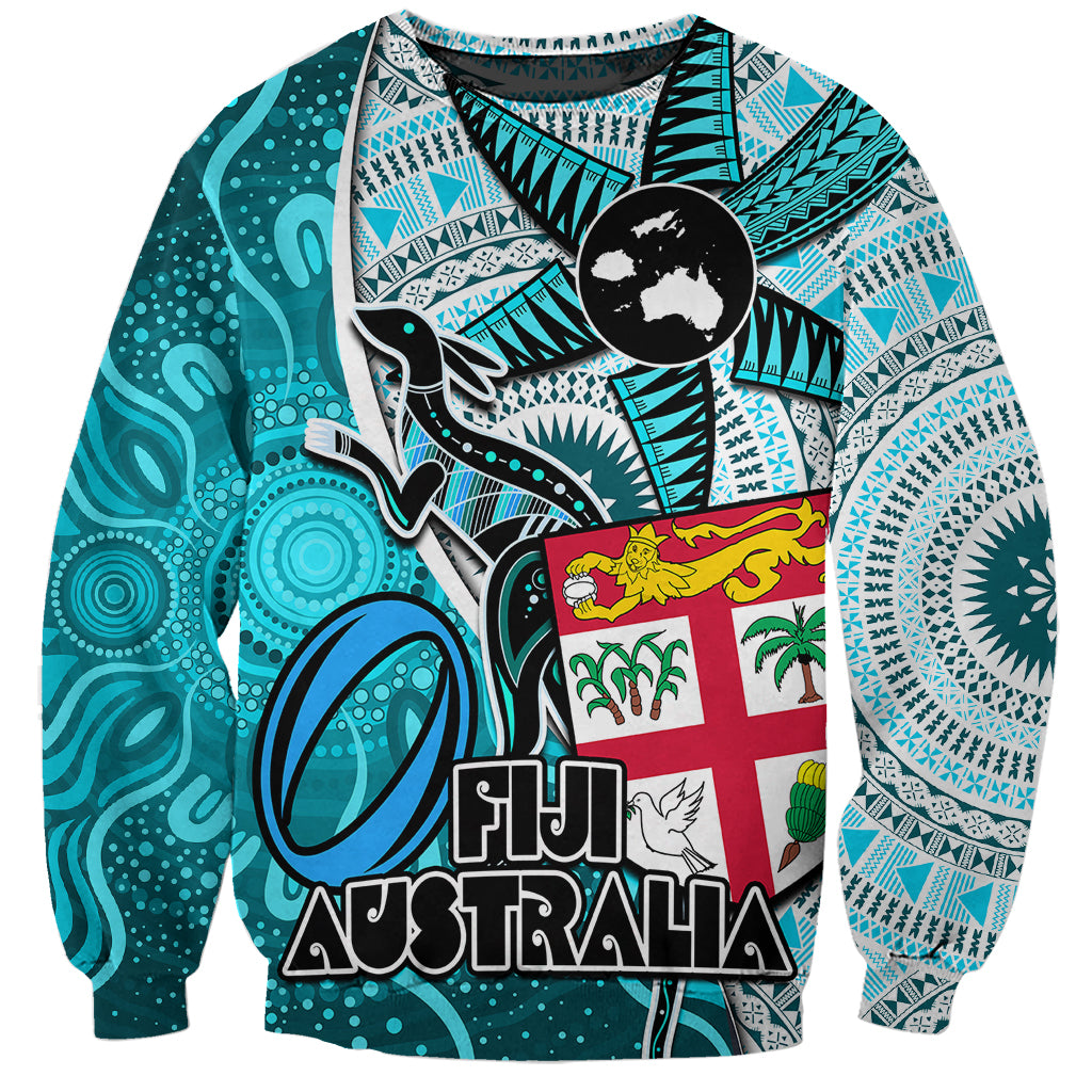 Personalised Fiji Australia Rugby Sweatshirt Kangaroo and Palm Tree Blue Tapa Pattern Mix Aboriginal LT03 Unisex Blue - Polynesian Pride