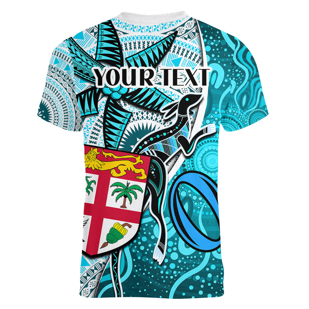 personalised-fiji-australia-rugby-women-v-neck-t-shirt-kangaroo-and-palm-tree-blue-tapa-pattern-mix-aboriginal