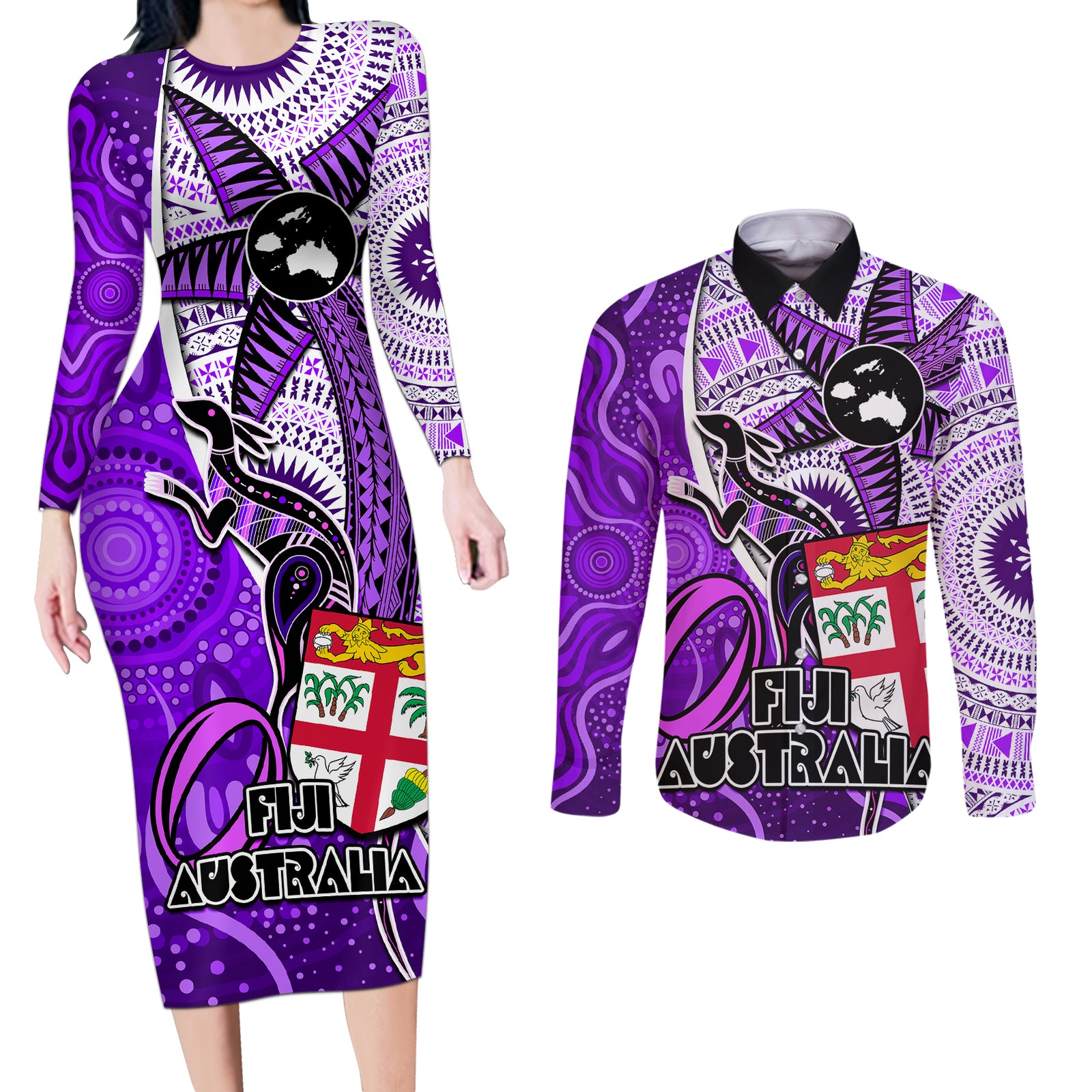 Fiji Australia Rugby Couples Matching Long Sleeve Bodycon Dress and Long Sleeve Button Shirts Kangaroo and Palm Tree Purple Tapa Pattern Mix Aboriginal LT03 Purple - Polynesian Pride