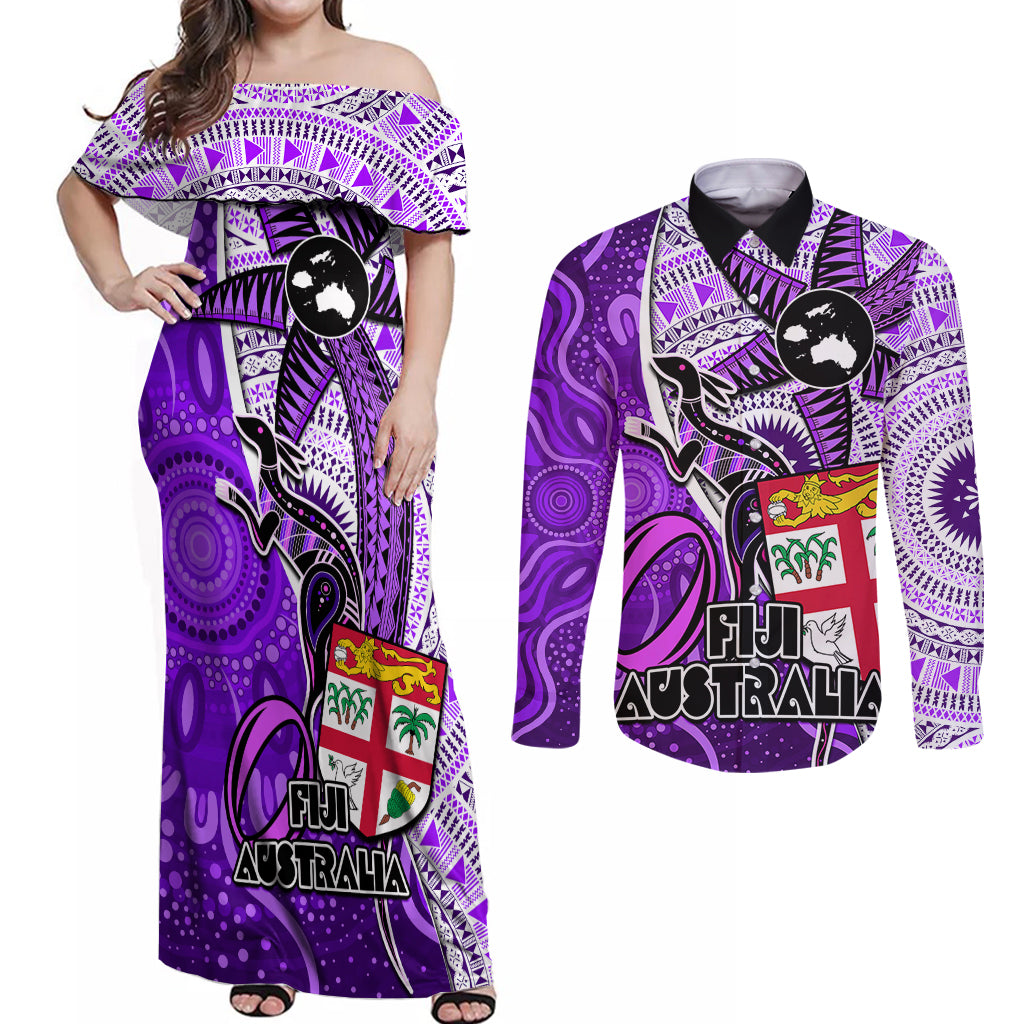 Fiji Australia Rugby Couples Matching Off Shoulder Maxi Dress and Long Sleeve Button Shirts Kangaroo and Palm Tree Purple Tapa Pattern Mix Aboriginal LT03 Purple - Polynesian Pride
