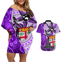 fiji-australia-rugby-couples-matching-off-shoulder-short-dress-and-hawaiian-shirt-kangaroo-and-palm-tree-purple-tapa-pattern-mix-aboriginal