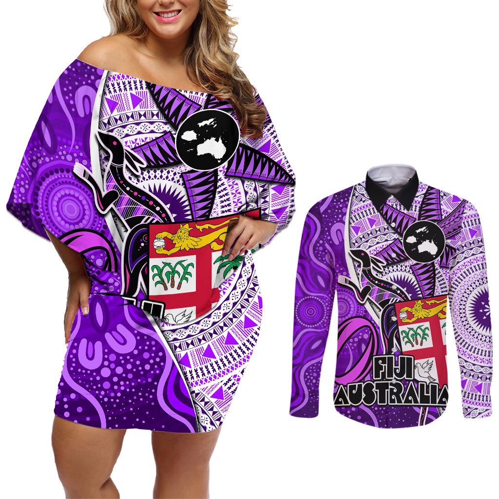 Fiji Australia Rugby Couples Matching Off Shoulder Short Dress and Long Sleeve Button Shirts Kangaroo and Palm Tree Purple Tapa Pattern Mix Aboriginal LT03 Purple - Polynesian Pride