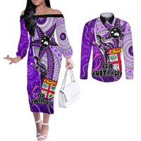 fiji-australia-rugby-couples-matching-off-the-shoulder-long-sleeve-dress-and-long-sleeve-button-shirts-kangaroo-and-palm-tree-purple-tapa-pattern-mix-aboriginal