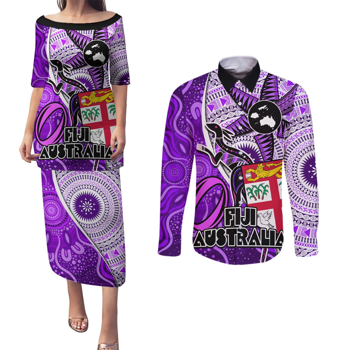 Fiji Australia Rugby Couples Matching Puletasi Dress and Long Sleeve Button Shirts Kangaroo and Palm Tree Purple Tapa Pattern Mix Aboriginal LT03 Purple - Polynesian Pride