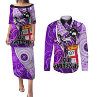 fiji-australia-rugby-couples-matching-puletasi-dress-and-long-sleeve-button-shirts-kangaroo-and-palm-tree-purple-tapa-pattern-mix-aboriginal
