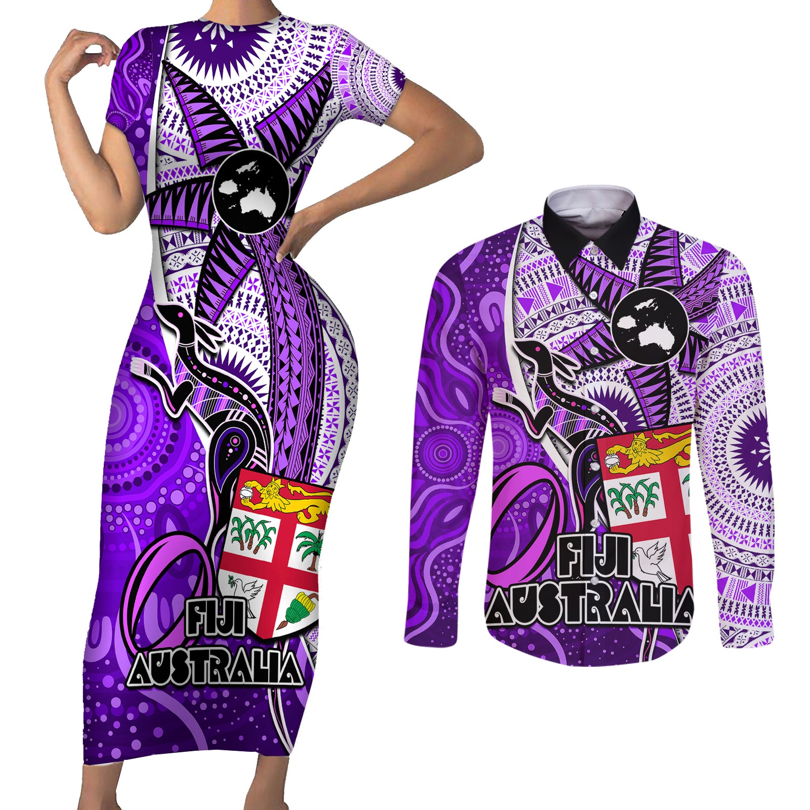 Fiji Australia Rugby Couples Matching Short Sleeve Bodycon Dress and Long Sleeve Button Shirts Kangaroo and Palm Tree Purple Tapa Pattern Mix Aboriginal LT03 Purple - Polynesian Pride